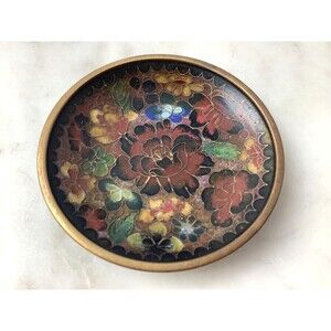 Cloisonne Trinket Dish Plate Brown Black Floral China Enamel 3"